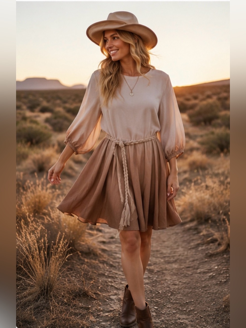 Ombré Colorblock Tie Waist Mini Dress | Taupe & Beige | Boho Western